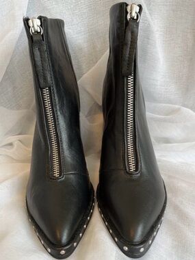 Sol Sana Axel ankle Boots 7.5 Black Leather Rivets Block Heel Pointed Toe winter